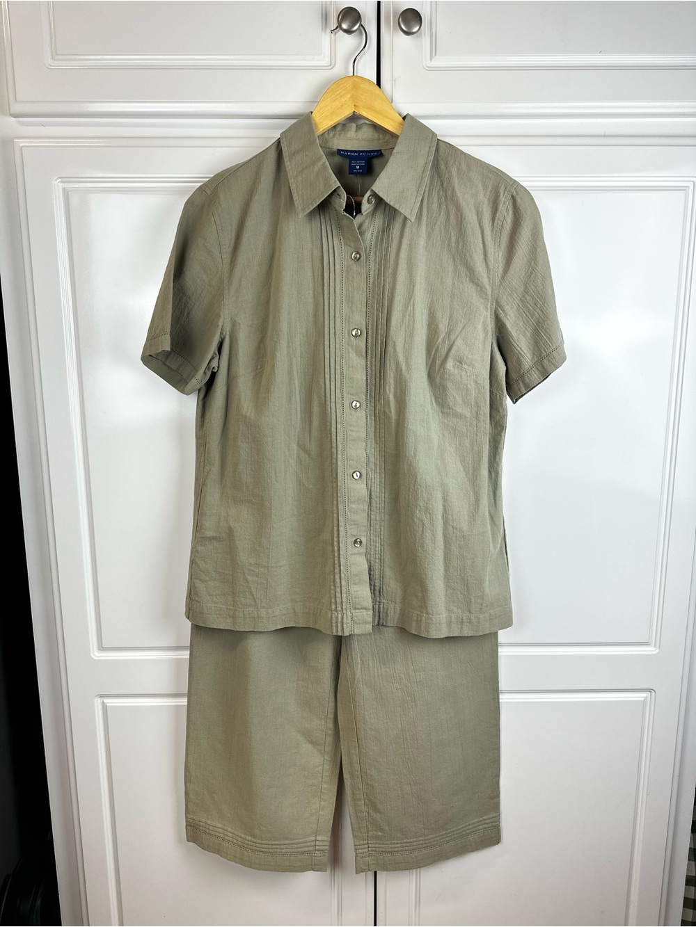 NWT-Karen Scott Olive Green Short-Sleeve Shirt & Bermuda Capris Set 100% cotton